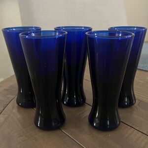 Set of Five Vintage MCM Cobalt Blue Cordial Shot Glasses 4" Hand Blown Glass